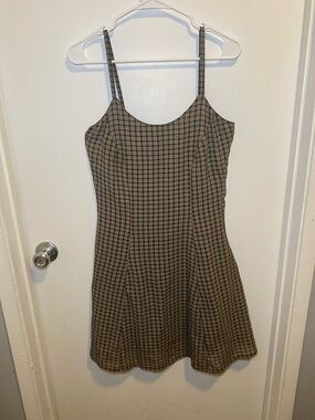 Plaid Spaghetti-Strap Mini Dress in Olive Check